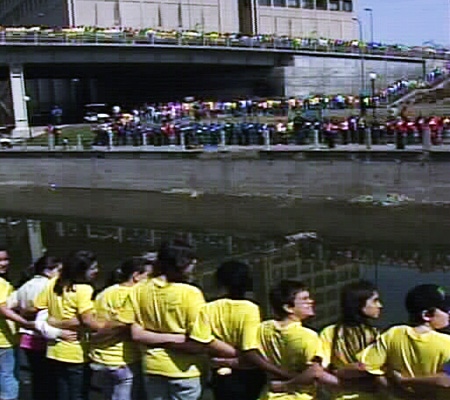 Ottawa students and teachers break the world record for the largest bear hug in Ottawa, Friday, April 25, 2008.
