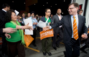 BC NDP leader Adrian Dix greets supporters as he leaves a rally in Vancouver, B.C. Sunday, May 12, 2013. British Columbians will go to the polls May 14th. THE CANADIAN PRESS/Jonathan Hayward