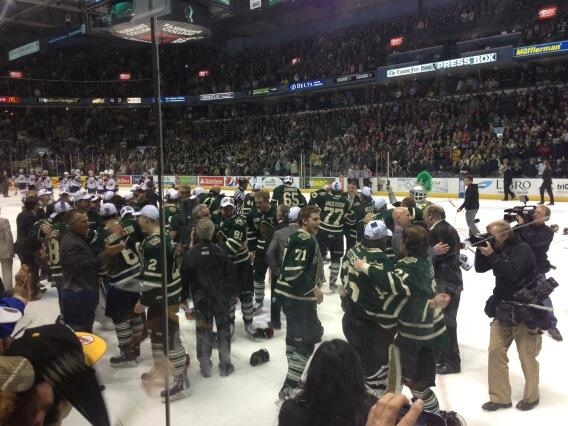 The London Knights celebrate on the ice after winning the OHL championship in London, Ont. on Monday, May 13, 2013. (Steve Young / CTV London)