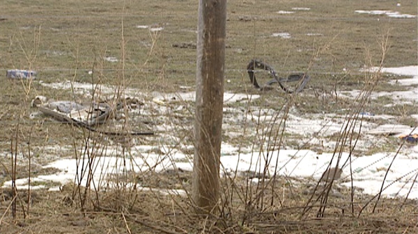 Debris is seen from a fatal weekend crash east of Palmerston, Ont. on Monday, March 21, 2011.