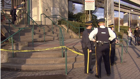 Police investigate after a man was shot near the Royal Oak SkyTrain station in Burnaby. March 22, 2011. (CTV)