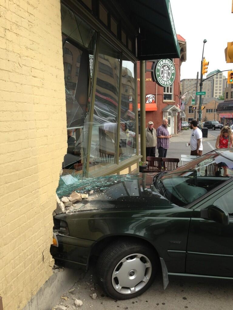 A car crashed into a Starbucks at Central and Richmond in London, Ont., on Tuesday, May 21, 2013. (Bryan Bicknell / CTV Windsor) 