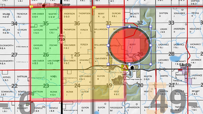 A map, released by Brazeau County, shows the area affected by an evacuation notice west of Lindale, Alta. Wednesday, May 22 - the evacuation area is shown in yellow, the area under a one hour evacuation notice is highlighted in green. Supplied.