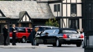 A stretch limousine arrives at Forest Lawn Cemetery for funeral services for Elizabeth Taylor in Glendale, Calif., Thursday, March 24, 2011. (AP / Nick Ut)
