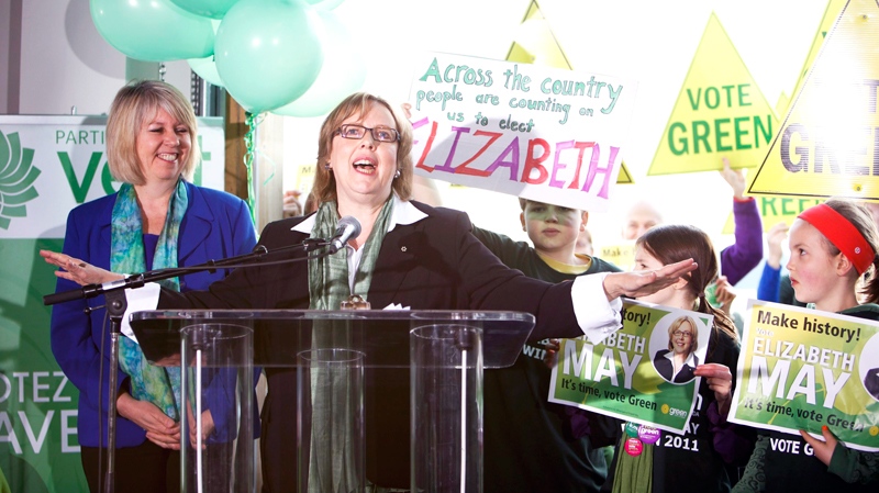 Green Party Leader Elizabeth May speaks to party supporters during the kick-off of her national election campaign at Sea Cider Farm and Ciderhouse in Saanichton, near Victoria, British Columbia, on Saturday, March 26, 2011. (Deddeda Stemler / THE CANADIAN PRESS)
