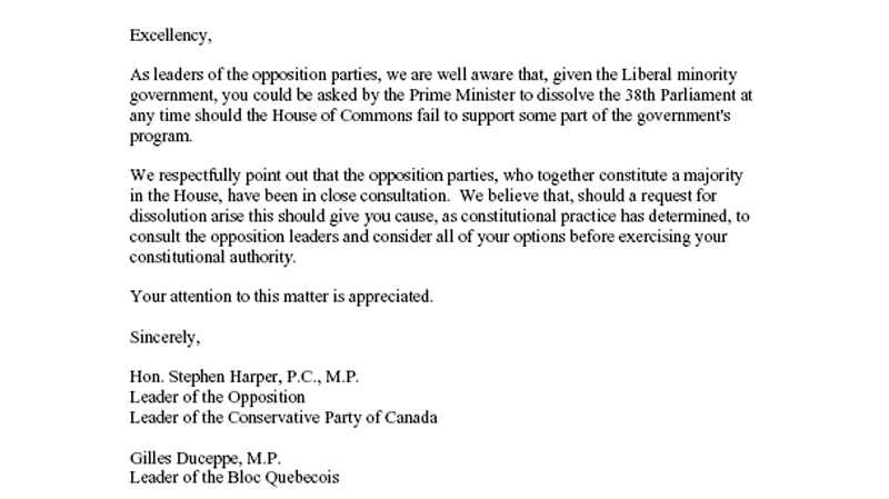 The letter signed by Conservative Leader Stephen Harper, Bloc Quebecois Leader Gilles Duceppe and NDP Leader Jack Layton asking to form a coalition of three parties in 2004 was posted to Duceppe's Twitter page.