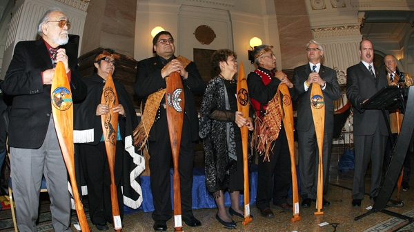 B.C. Premier Gordon Campbell and Aboriginal Relations Minister Mike de Jong greet the five Maa-nulth First Nations Chiefs at the Parliament Buildings in Victoria, B.C on Wednesday, Nov. 21, 2007. (Adrian Lam / THE CANADIAN PRESS)