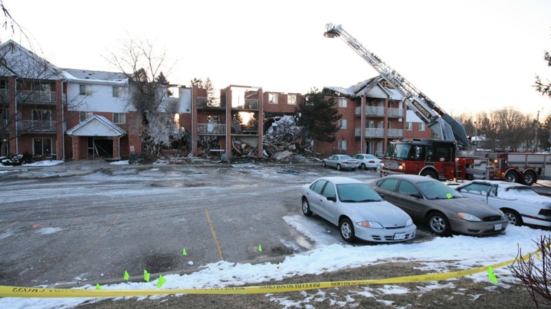The damage from an explosion at a Woodstock, Ont., apartment building is seen on Monday, March 28, 2011.