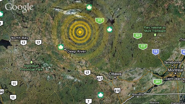 A 3.5-magnitude earthquake was reported about 66 kilometres northeast of Deep River, Tuesday, March 29, 2011.