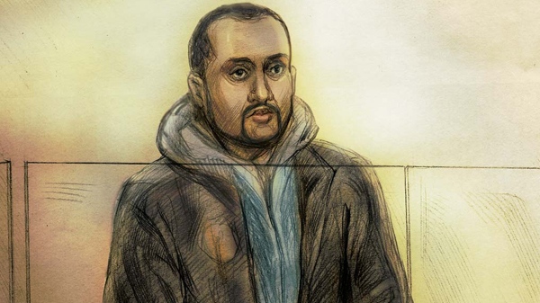 Mohamed Hersi is seen in this artist's rendition during court proceedings in a Ontario Court of Justice courtroom in Brampton, Ont., Wednesday, March 30, 2011. (Natalie Berman for CTV News)