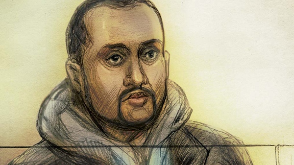 Mohamed Hersi is seen in this artist's rendition during court proceedings in a Ontario Court of Justice courtroom in Brampton, Ont., Wednesday, March 30, 2011. (Natalie Berman for CTV News)