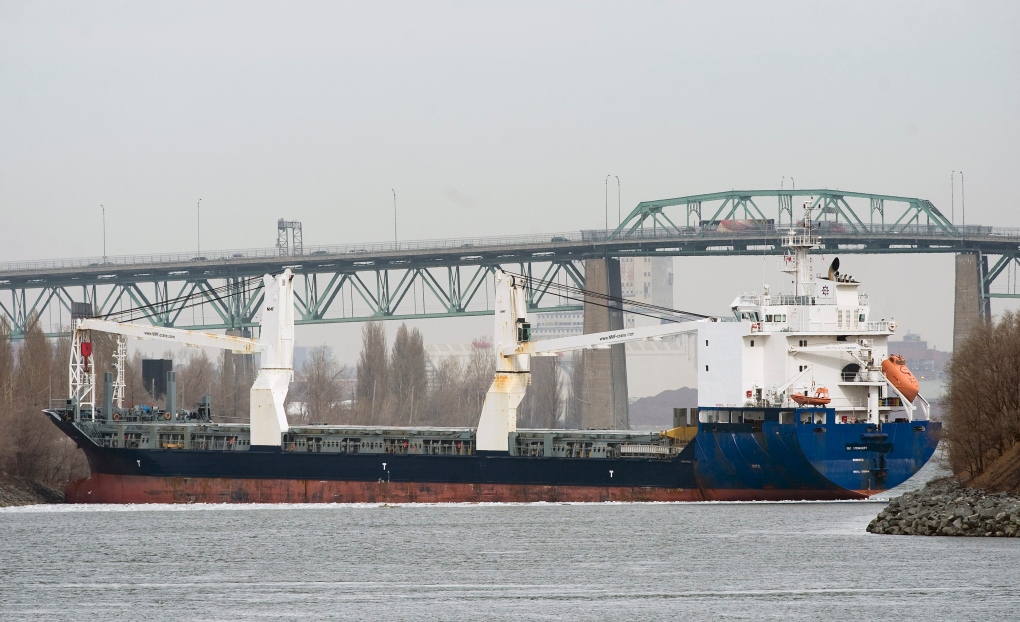 A container vessel identified as the BBC Steinhoeft, is shown after it ran aground in the St. Lawrence seaway between the Jacques Cartier and Victoria bridges in Montreal, Thursday, March 31, 2011.