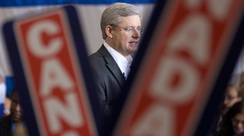 Conservative Leader Stephen Harper speaks during a campaign rally in Montreal, Wednesday, March 30, 2011. (Adrian Wyld / THE CANADIAN PRESS)  