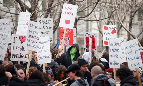 Students demonstrate against proposed tuition-fee hikes in Montreal, Thursday, March 31, 2011. THE CANADIAN PRESS/Graham Hughes