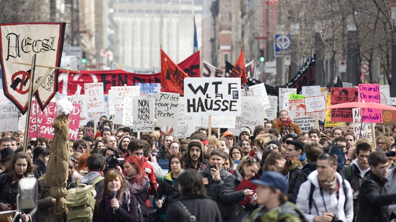 Students demonstrate against proposed tuition-fee hikes in Montreal, Thursday, March 31, 2011. (THE CANADIAN PRESS/Graham Hughes)