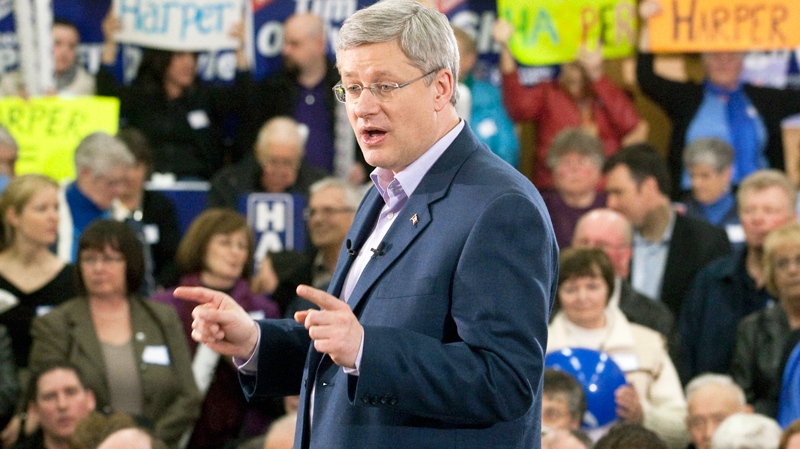 Stephen Harper delivers a speech during a campaign rally in Malpeque, PEI, Friday, April 1, 2011. (Adrian Wyld / THE CANADIAN PRESS)