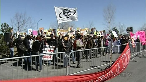 About 200 students protested in Boucherville Sunday over tuition hikes.