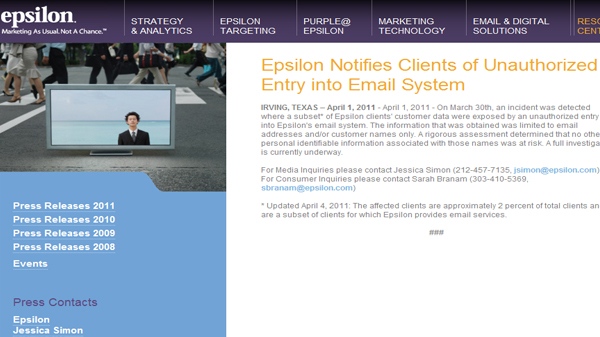 In this image taken from Epsilon's website, the company issues a notice to clients of unauthorized entry into email systems on Monday, April 4, 2011.