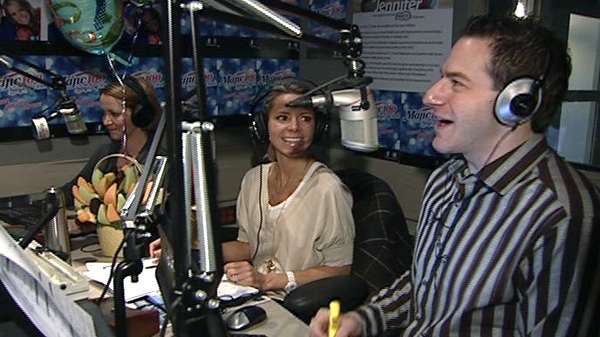 Angie Poirier, centre, joins Stuntman Stu, right, on the air for the new Majic Morning show on MAJIC 100, Monday, April 4, 2011.