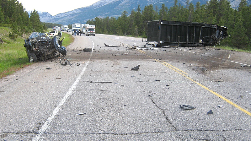 Jasper RCMP had to close off a section of Hwy 16 Monday, June 10 after two trucks collided head-on early that morning. Courtesy: Jasper RCMP.