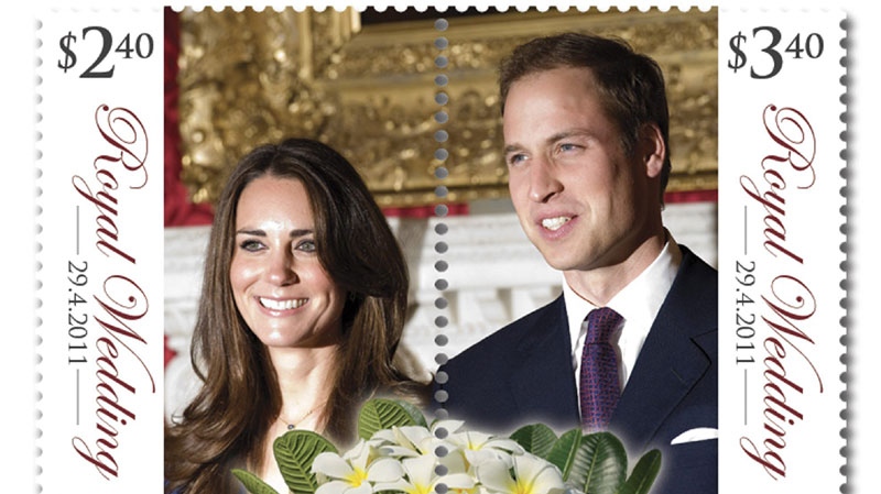 In this undated image provided by the New Zealand Post Group Tuesday, April 5, 2011, a stamp is shown with an image of Prince William and Kate Middleton with perforations that split the couple down the middle. (AP Photo/New Zealand Herald, New Zealand Post Group) 
