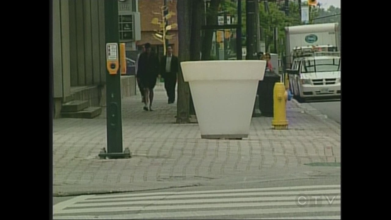 A white planter, installed for the World Figure Skating Championships, is seen in London, Ont. on Tuesday, June 11, 2013.