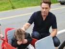 Jaxson Denno, 1,  cries while meeting actor Robert Downey Jr. in Sunderland, Mass.  (Photo Courtesy: Heather Denno)