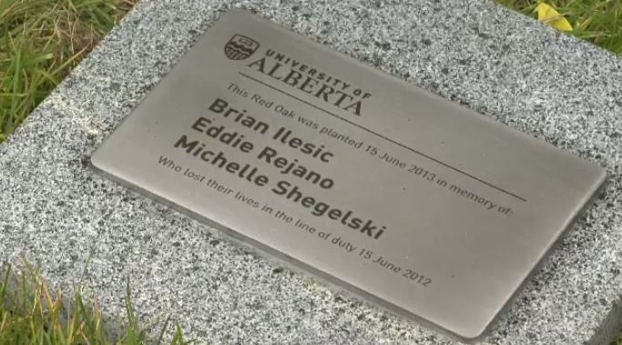 Memorial plaque for Eddy Rejano, Michelle Shegelski and Brian Ilesic. Who were shot and killed on June 15, 2012