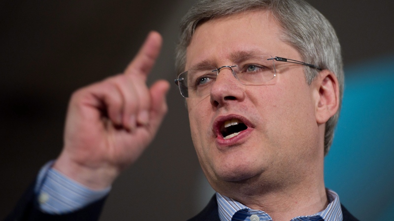 Stephen Harper unveils the Conservative party platform during a campaign event in Mississauga Ont., on Friday, April 8, 2011. (Sean Kilpatrick / THE CANADIAN PRESS)