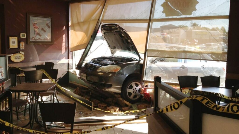 A drive thru crash into a Tim Hortons. The driver suffered only minor injuries.