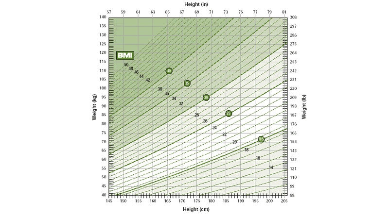 To estimate BMI, locate the point on the chart where height and weight intersect. Read the number on the dashed line closest to this point. (Health Canada)