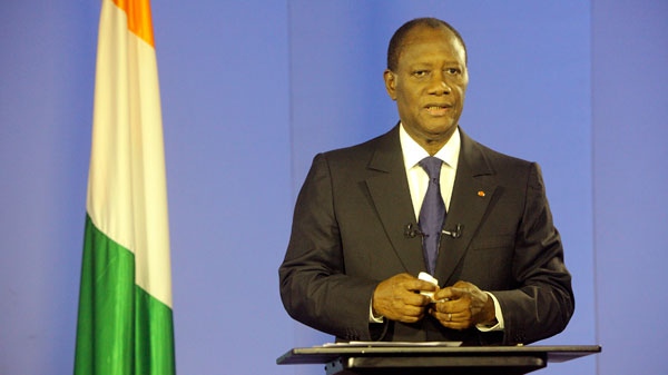 President Alassane Ouattara addresses the nation from the Golf Hotel after Ivorian strongman Laurent Gbagbo was arrested by forces that stormed the bunker where he hung on to power in Abidjan, Ivory Coast, Monday, April 11, 2011.(AP / Aristide Bodegla)