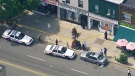 Police cars sit outside a hair salon where a man was shot on Danforth Avenue, just west of Greenwood Avenue, Friday, June 21, 2013. (CTV Toronto)