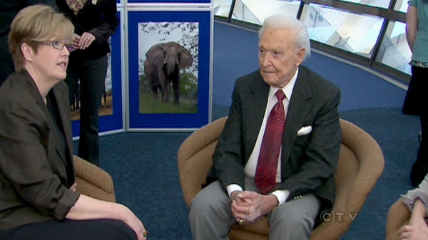 Bob Barker is seen speaking with officials at the Toronto Zoo, Friday, April 15, 2011. 