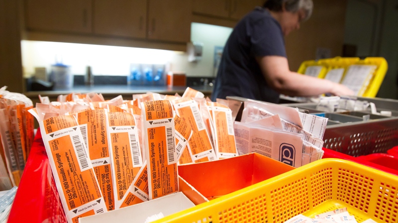 Supplies to be used by drug addicts fill baskets as nurse Arvita Cotter prepares for a shift at the Insite safe injection clinic in Vancouver, B.C., on Monday, April 18, 2011. (Darryl Dyck / THE CANADIAN PRESS)
