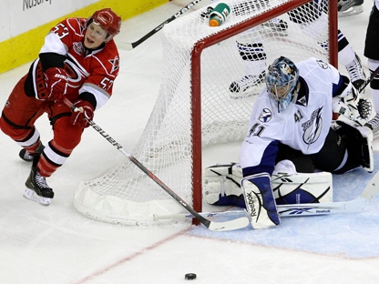 Carolina Hurricanes' Jeff Skinner (53) has a shot on-goal rejected by Tampa Bay Lightning goalie Mike Smith during the third period of an NHL hockey game in Raleigh, N.C., Saturday, April 9, 2011. Skinner was one of three rookies named as a finalist for the Calder Trophy as NHL rookie of the year Tuesday.(AP Photo/Gerry Broome)