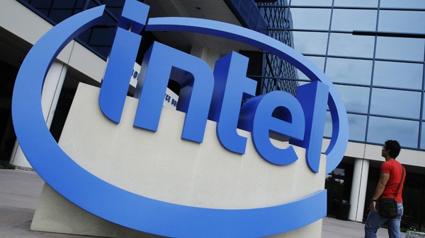 The Intel logo is displayed at the entrance of Intel Corp. headquarters in Santa Clara, Calif., Monday, April 18, 2011. (AP Photo/Paul Sakuma)