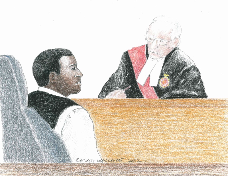 Jacques Mungwarere and Justice Charbonneau are shown in a courtroom in Ottawa on Monday, May 28, 2012. (Sarah Wallace / THE CANADIAN PRESS)