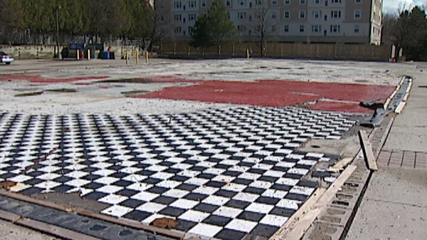 The remains of the Campus Court Plaza are seen a year after the fire in Waterloo, Ont. on Thursday, April 21, 2011.