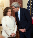 Secretary of State John Kerry, right, whispers to his wife Teresa Heinz Kerry during the ceremonial swearing-in for him as the 68th secretary of state, at the State Department in Washington, Wednesday, Feb. 6, 2013. (AP / Manuel Balce Ceneta)