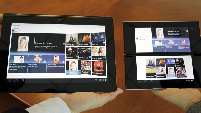 Sony Corp.'s prototype tablets code-named, S1, left, and S2, are shown in Tokyo Tuesday, April 26, 2011. (AP Photo/Koji Sasahara)