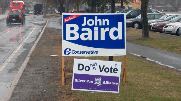 A sign by the Silver Fox Alliance urges voters not to vote for the Conservative Party. Photo courtesy: John Tyson/Silver Fox Alliance