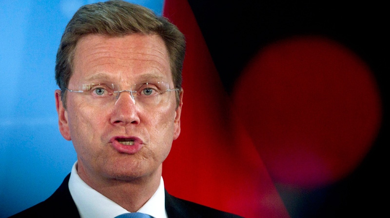 German Foreign Minister Guido Westerwelle speaks during a news conference about possible European reactions against Syria in Berlin, Germany, Wednesday, April 27, 2011. (AP / Markus Schreiber)