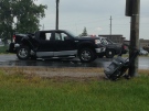 A pickup truck sustained major damage in a four-vehicle crash on Highway 3 in Essex, Ont., on Tuesday, July 16, 2013. (Michelle Maluske / CTV Windsor)