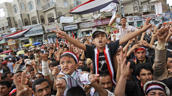 Anti-government protestors chant slogans during a demonstration demanding the resignation of Yemeni President Ali Abdullah Saleh, in Sanaa, Yemen, Thursday, April 28, 2011. (AP Photo/Hani Mohammed)