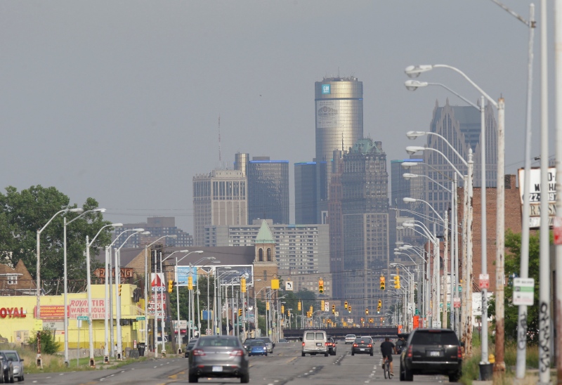 The Detroit skyline is seen from Grand River on Thursday, July 18, 2013. (AP / Carlos Osorio)