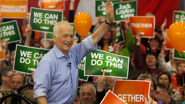 NDP Leader Jack Layton waves to supporters at a campaign rally in Courtenay, B.C. on Friday, April 29, 2011. (Andrew Vaughan / THE CANADIAN PRESS)