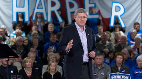 Prime Minister Stephen Harper delivers his speech during a campaign stop in Windsor, N.S. on Saturday April 30, 2011. (Adrian Wyld / THE CANADIAN PRESS)