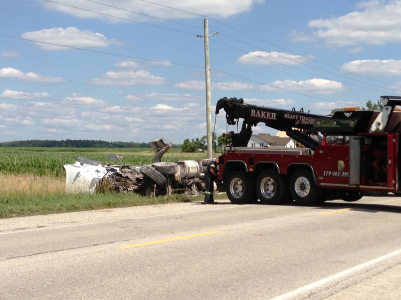 A 79-year-old woman was airlifted to hospital following a three-vehicle crash east of Listowel, Ont., on Thursday, July 25, 2013. (Brian Dunseith / CTV Kitchener)