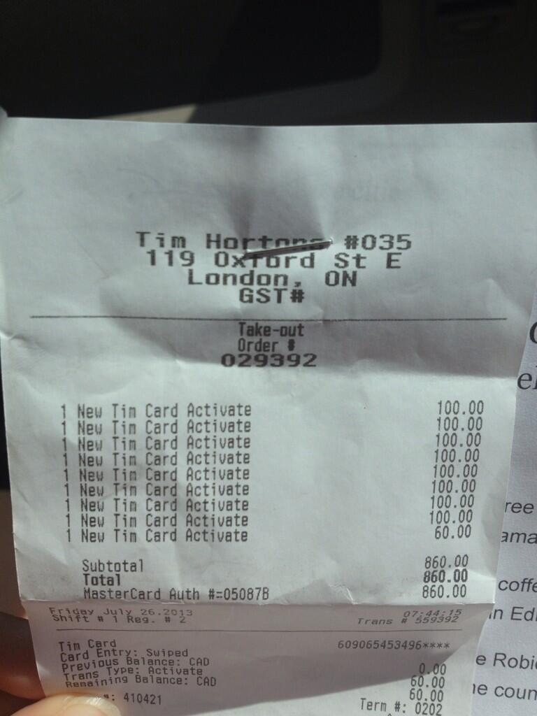 Tim Hortons coffee receipt